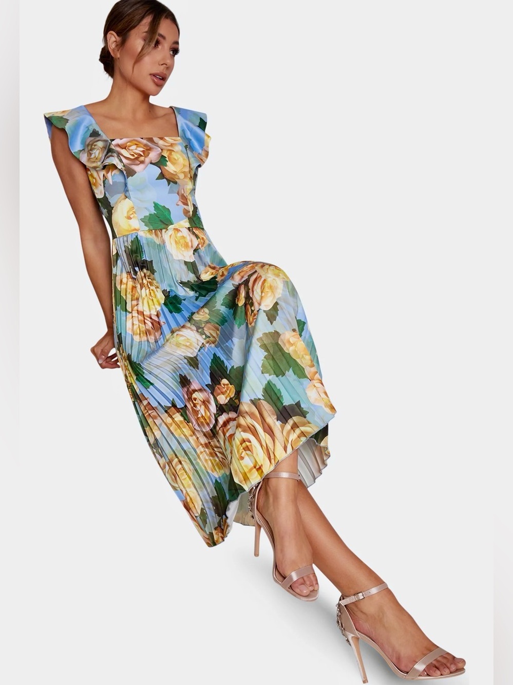 Chi Chi London Blue Floral Pleated Midi Dress with Square Neck, Size US 8; UK 12 - Picture 3 of 14
